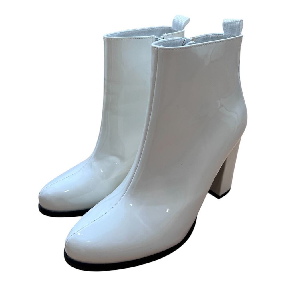 Allegra K White Patent Leather Ankle Booties Block Heel Pointed Toe Women’s 7.5